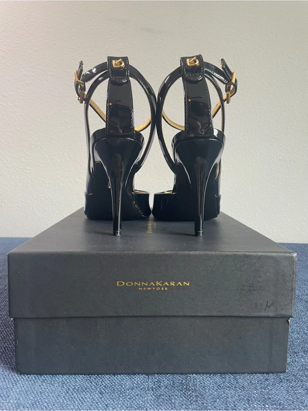 Donna Karan - Somerset - Black Patent Peep-Toe Ankle-Strap Heels with Gold Trim